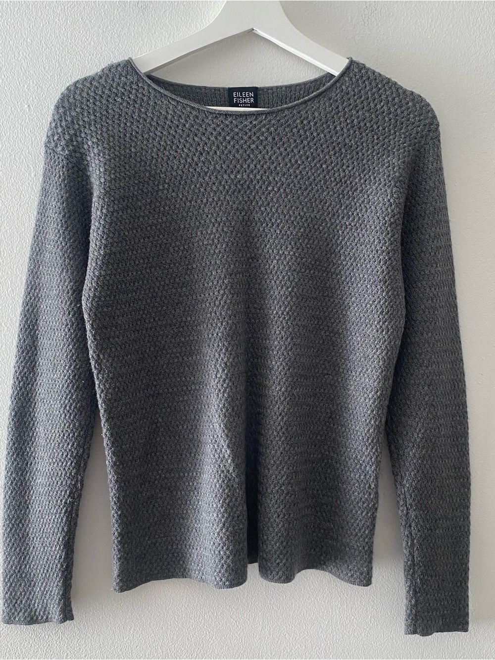 Eileen Fisher Women’s Charcoal Waffle Knit Crewneck Sweater 100% Merino Wool